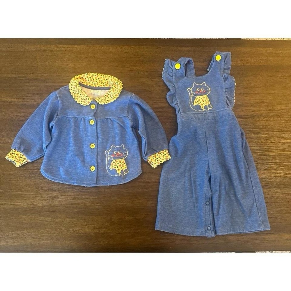 Vintage Carter"s Girls 12 month Overalls and Coat Blue Kitten Cat
